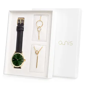 Sada dámskeho náramku, náhrdeľníku a hodiniek s čiernym koženým remienkom a-nis #1041758