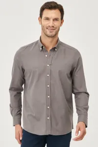 AC&Co / Altınyıldız Classics Men's Anthracite Tailored Slim Fit Oxford Buttoned Collar Linen-Looking 100% Cotton Flared Shirt