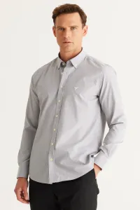 AC&Co / Altınyıldız Classics Men's Anthracite-White Slim Fit Slim Fit Button-down Collar Cotton Striped Shirt
