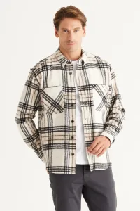 AC&Co / Altınyıldız Classics Men's Beige Black Oversize Wide Cut Buttoned Collar Pocket Checkered Lumberjack Winter Shirt Jacket