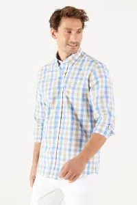 AC&Co / Altınyıldız Classics Men's Beige-Blue Slim Fit Slim Fit Buttoned Collar Cotton Checkered Shirt