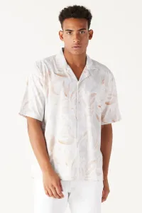 AC&Co / Altınyıldız Classics Men's Beige-brown Oversize Wide Cut Cuban Collar 100% Cotton Printed Short Sleeve Shirt