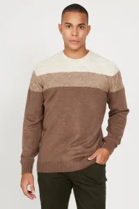 AC&Co / Altınyıldız Classics Men's Beige-brown Standard Fit Normal Cut Crew Neck Colorblock Patterned Wool Knitwear Sweater