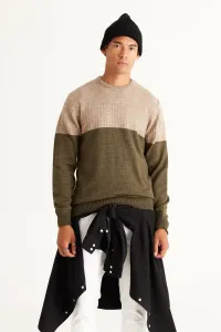 AC&Co / Altınyıldız Classics Men's Beige-khaki Standard Fit Normal Cut, Crew Neck Colorblok Patterned Knitwear Sweater