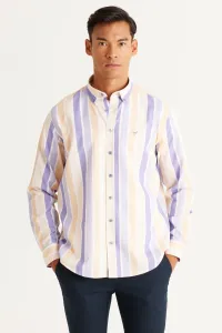 AC&Co / Altınyıldız Classics Men's BEIGE LILA Comfort Fit Comfortable Cut Collar Striped Cotton Shirt with Buttons