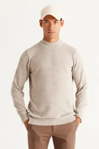 AC&Co / Altınyıldız Classics Men's Beige Melange Standard Fit Regular Cut Half Turtleneck Cotton Jacquard Knitwear Sweater
