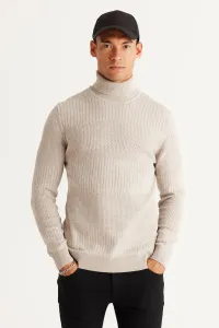 AC&Co / Altınyıldız Classics Men's Beige Melange Standard Fit Regular Fit Full Turtleneck Cotton Jacquard Knitwear Sweater