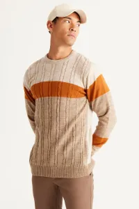 AC&Co / Altınyıldız Classics Men's Beige-mink Standard Fit Normal Cut Crew Neck Colorblok Patterned Knitwear Sweater