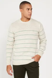 AC&Co / Altınyıldız Classics Men's Beige-Mint Standard Fit Normal Cut Crew Neck Striped Knitwear Sweater