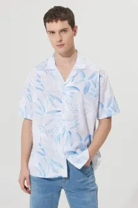 AC&Co / Altınyıldız Classics Men's Beige-Navy Blue Oversized Loose Cut Cuban Collar 100% Cotton Printed Short Sleeve Shirt