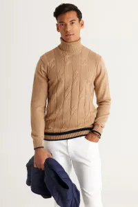 AC&Co / Altınyıldız Classics Men's Beige Standard Fit Normal Cut Full Turtleneck Jacquard Knitwear Sweater