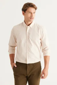 AC&Co / Altınyıldız Classics Men's Beige Tailored Slim Fit Slim Fit Buttoned Collar Linen Look 100% Cotton Flamed Shirt