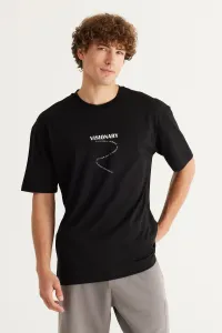 AC&Co / Altınyıldız Classics pánske čierne tričko s dlhým strihom Slim Fit Crewneck 100% bavlna s potlačou