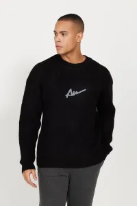 AC&Co / Altınyıldız Classics Men's Black Oversize Wide Cut Crew Neck Ruffled Soft Textured Knitwear Sweater