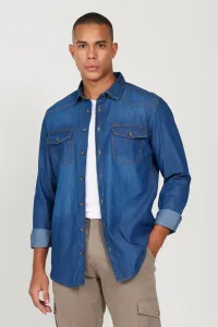 AC&Co / Altınyıldız Classics Men's Blue Slim Fit Slim-Fit Cut Collar Hidden Buttons 100% Cotton Denim Shirt