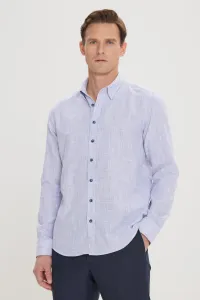 AC&Co / Altınyıldız Classics Men's Blue Slim Fit Slim Fit Shirt with Hidden Buttons Collar Linen-Looking 100% Cotton Flared Shirt
