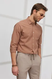AC&Co / Altınyıldız Classics Men's Brown Comfort Fit Comfy Cut Concealed Button Collar 100% Cotton Flared Shirt