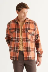 AC&Co / Altınyıldız Classics Men's Brown-orange Oversize Loose Cut Button Collar Checked Winter Shirt Jacket
