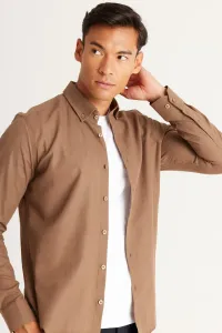 AC&Co / Altınyıldız Classics Men's Brown Tailored Slim Fit Buttoned Collar Linen Look 100% Cotton Flamed Shirt