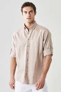 AC&Co / Altınyıldız Classics Men's Camel Comfort Fit Relaxed Cut Linen Buttoned Collar Casual Shirt