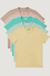 AC&Co / Altınyıldız Classics Men's Dusty Rose-turquoise-yellow-beige Melange-mint Slim Fit Narrow Cut Crew Neck 5-Piece T-Shirt Pack