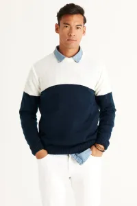 AC&Co / Altınyıldız Classics Men's Ecru-navy blue Standard Fit Normal Cut Crew Neck Colorblok Patterned Knitwear Sweater