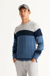 AC&Co / Altınyıldız Classics Men's Gray Melange-Indigo Standard Fit Normal Cut Crew Neck Colorblok Patterned Knitwear Sweater