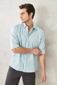 AC&Co / Altınyıldız Classics Men's Green Slim Fit Slim Fit Hidden Button Collar Linen Look 100% Cotton Flamed Shirt