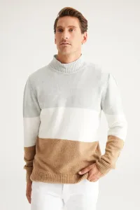 AC&Co / Altınyıldız Classics Men's Grey-camel Standard Fit Normal Cut Half Turtleneck Ruffled Soft Textured Knitwear Sweater