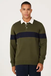 AC&Co / Altınyıldız Classics Men's Khaki-Navy Blue Standard Fit Regular Cut Polo Neck 100% Cotton Patterned Knitwear Sweater