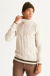 AC&Co / Altınyıldız Classics Men's Light Beige Standard Fit Regular Cut Full Turtleneck Jacquard Knitwear Sweater
