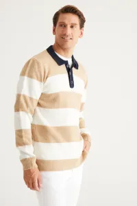 AC&Co / Altınyıldız Classics Men's Milk Brown-ecru Standard Fit Regular Cut Polo Neck Ruffled Soft Textured Knitwear Sweater