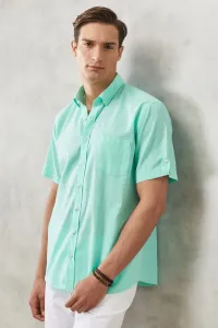 AC&Co / Altınyıldız Classics Men's Mint Comfort Fit Relaxed Cut Buttoned Collar Linen Look 100% Cotton Flamed Short Sleeve Shirt