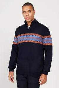 AC&Co / Altınyıldız Classics Men's Navy Blue-Orange Standard Fit Normal Cut Stand Collar Woolen Rosette Soft Textured Knitwear Sweater