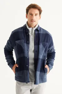 AC&Co / Altınyıldız Classics Men's Navy Blue-Sax Oversize Loose Cut Button Collar Plaid Patterned Lumberjack Winter Shirt Jacket