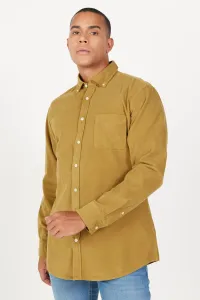 AC&Co / Altınyıldız Classics Men's Oil Green Comfort Fit Wide-Fit Buttoned Collar Velvet Shirt