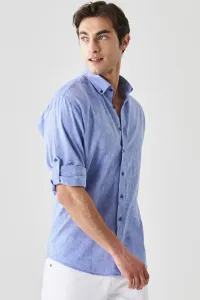 AC&Co / Altınyıldız Classics Men's Saks Blue Comfort Fit Relaxed Cut Linen Buttoned Collar Casual Shirt