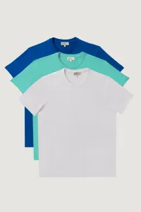 AC&Co / Altınyıldız Classics Men's White-turquoise-sax Slim Fit Slim Fit Crew Neck 3-Pack of 100% Cotton T-Shirt