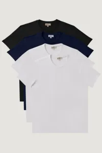 AC&Co / Altınyıldız Classics Pánske bielo-bielo-čierno-námornícka modrá Slim Fit Slim-Fit strih Crew Neck 100% bavlnené 4-pack tričko