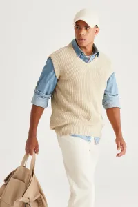 AC&Co / Altınyıldız Classics Men's Beige Standard Fit Regular Fit V Neck Knitwear Sweater #8600287
