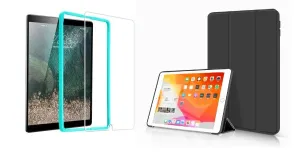 Trifold Smart Case - kryt se stojánkem pro iPad 9.7 2017/2018/iPad 5/Air/iPad 6/Air 2 - černý + Ochranné tvrzené sklo s instalačním rámečkem