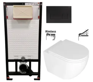 DEANTE Podstavný rám, pre závesné WC misy + SLIM tlačidlo černé + WC REA Carlo Mini Basic Rimlesss + SEDADLO CST_WC01 N51P CB1