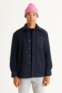 ALTINYILDIZ CLASSICS Men's Navy Blue Oversize Wide Cut Classic Collar Woolen Patchwork Patterned Flannel Winter Shirt Jacket