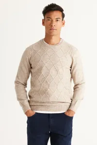 ALTINYILDIZ CLASSICS Men's Beige Melange Standard Fit Regular Cut Crew Neck Ruffled Soft Textured Knitwear Sweater