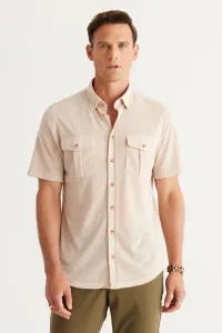 ALTINYILDIZ CLASSICS Men's Beige Slim Fit Slim Fit Hidden Button Collar Pocket Short Sleeve Shirt