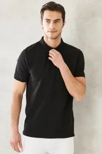 ALTINYILDIZ CLASSICS Pánske čierne tričko s vyhrňovacím golierom 100% bavlna slim fit slim fit polo výstrih s krátkym rukávom