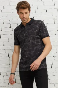 ALTINYILDIZ CLASSICS Pánske čierne tričko slim fit Slim Fit Polo Neck Bavlnené tričko s potlačou