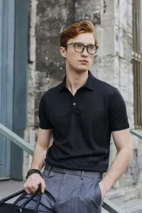 AC&Co / Altınyıldız Classics Men's Black Slim Fit Slim Fit Polo Neck Plain Casual T-Shirt