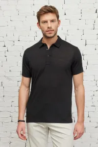 ALTINYILDIZ CLASSICS Pánske čierne tričko slim fit Slim Fit Polo Neck s krátkym rukávom ľanové tričko