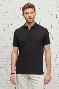 ALTINYILDIZ CLASSICS Pánske čierne tričko slim fit Slim Fit Polo Neck s krátkym rukávom ľanové tričko